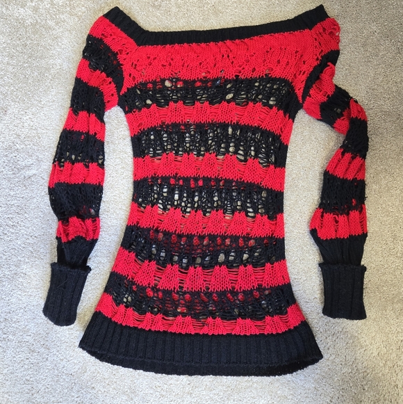 Lip Service Sweaters - Lip Service Off-Shoulder Red and Black Sweater